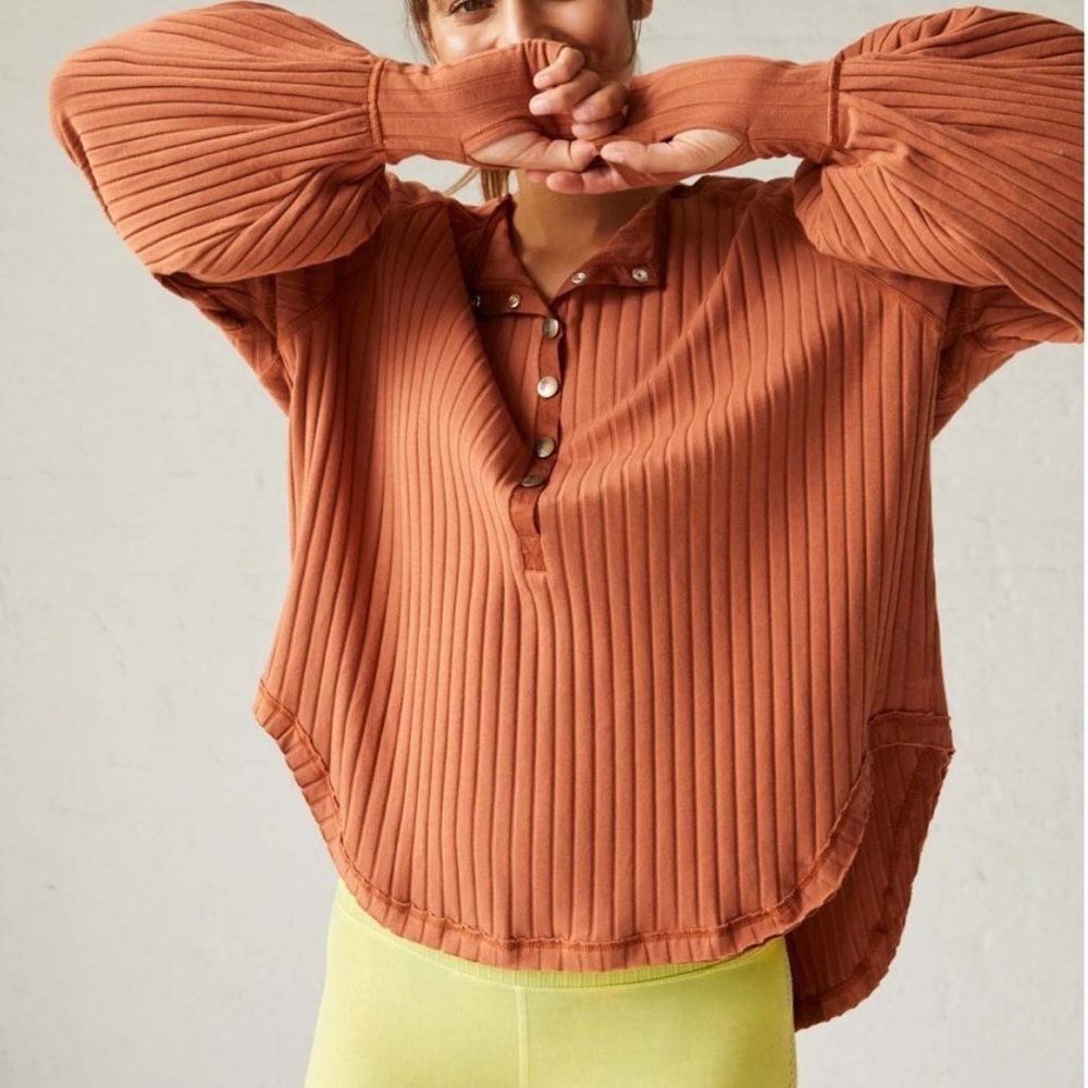 NWT Free People Movement Bella Layer Ribbed Henley Top Spiced Copper Generous XS